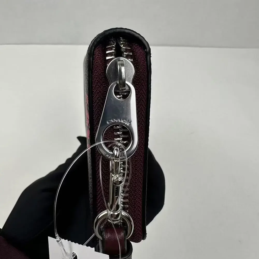 Coach Long Zip Around Wallet Signature Canvas Bow Print Silver/Merlot CZ327